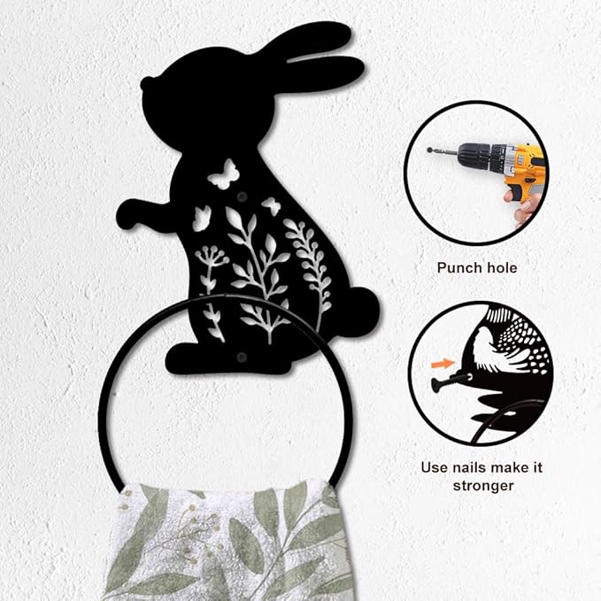 MAYJOYDIY Rabbit Metal Towel Ring Easter Bunny Towel Holder for Wall Leaf Plant Butterfly Towel Ring Black Towel Rack Wall Mounted for Bathroom Kitchen Towel Hanger Home Decors Gift
