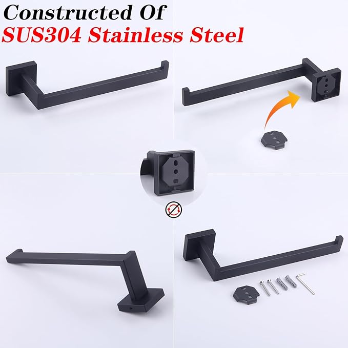 GERZWY SUS 304 Stainless Steel Bathroom Hand Towel Holder Matte Black Towel Ring for Bath Kitchen Garage Heavy Duty Wall Mounted FG1606-BK