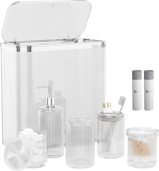 Clear Bathroom Accessories Set 8 Pcs, Trash Can with Bags, Glass Bathroom Set Include Soap Dispenser, Toothbrush Holder, Tumbler, Qtip Holder Set, Vintage Bathroom Sink Set, Cute Bathroom Decor