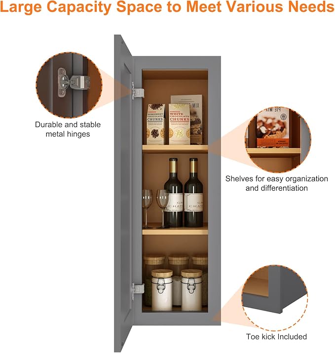 ROOMTEC Wood Wall Cabinet,RTA Single Door Medicine Cabinet with Adjustable Shelves and Soft-Close Door for Kitchen, Bathroom, and Laundry. 12" D*12" W*36" H, Shaker Grey