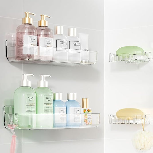 Sotfamily Clear Shower Caddy, Acrylic Wall Mounted Shower Shelves with Soap Dish & Adhesive Pads for Bathroom Organizers and Storage, No Drill Shower Caddies for Bathroom Decor