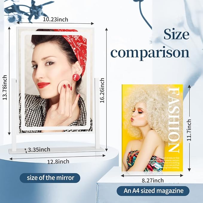 Vanity Mirror with Lights - 13.78"× 10.23" Adjustable Lighted Makeup Mirror for Desk, Detachable 10X Magnification Mirror, Touch Sensor, Desk Mirror for Bedroom & Dressing Room (White)