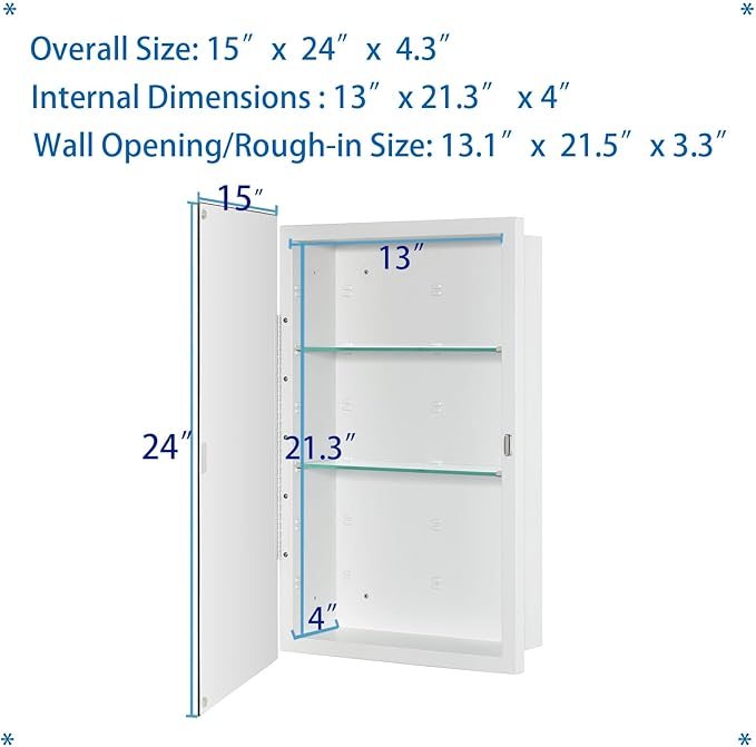 IDYLLOR Bathroom Medicine Cabinet with Beveled Edge Mirrored Door 15 x 24 inch, Recessed or Surface Mount, with Adjustable Glass Shelves