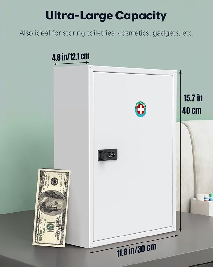 Uniclife Wall Mount Medicine Cabinet with Combination Lock, Locking First Aid Cabinet, Lockable Medical Cabinet, Large Capacity Medicine Organizer, Secure Steel Wall Cabinet Metal Storage Box, White