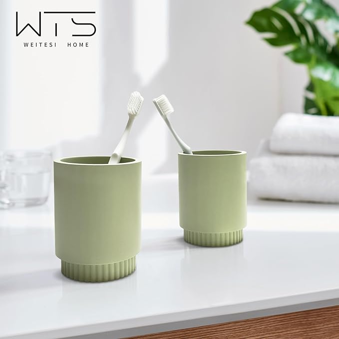 Resin Bathroom Accessories Set, 4 Pcs Modern Bathroom Accessory Set with Liquid Plastic Pump Lotion Soap Dispenser,2 Toothbrush Cup, Soap Dish Countertop Vanity Organizer(Sage Green)