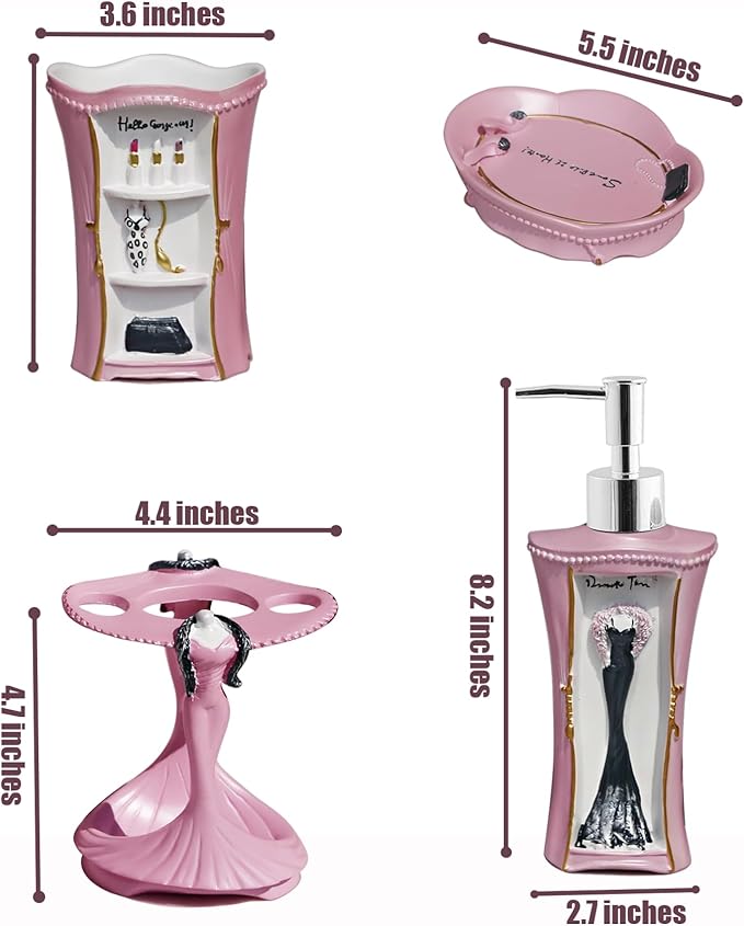 5 Piece Bathroom Accessories Set, Collection Bath Set Features Soap Dispenser, Toothbrush Holder, Tumbler, & Soap Dish (Pink)
