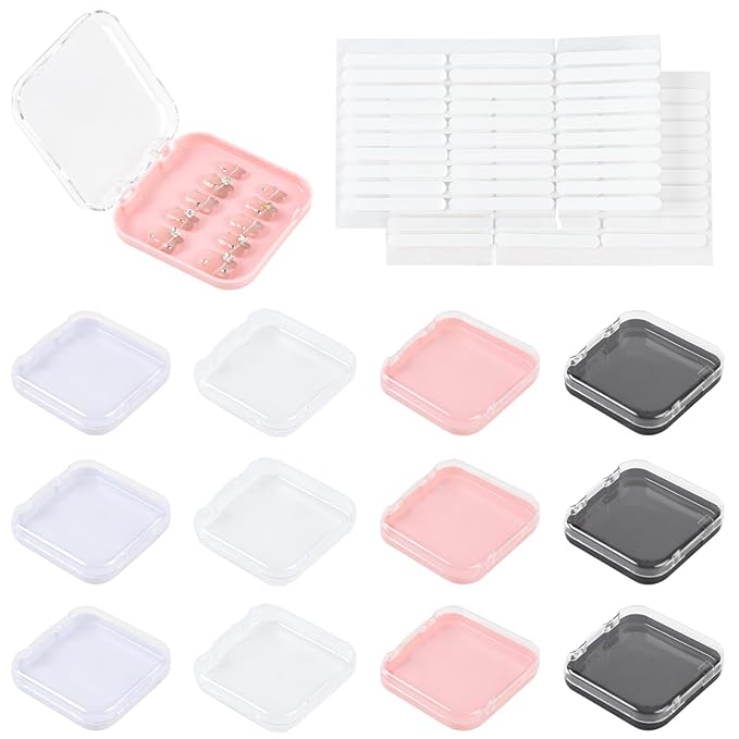 12 Pcs Press on Nail Boxes Packaging Nail Storage Display Organizer Box Case with 60 Pcs Adhesive Double Sided Tape 4 Colors