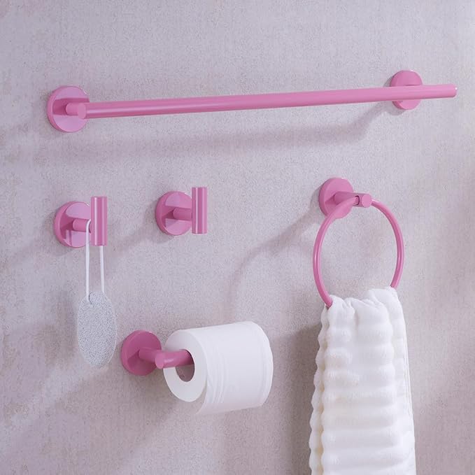 Pink Bathroom Accessories Set,5 Pieces Bathroom Hardware Set,24 inch Towel Bar,Towel Ring for Bathroom,Robe Towel Hooks,Toilet Paper Holder Wall Mounted(Drilling),SE96006S-5PK