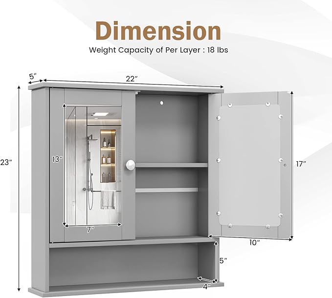 COSTWAY Bathroom Cabinet Wall Mount, Wooden Medicine Cabinet with 2 Mirror Doors, Adjustable Shelf, Open Compartment, for Laundry, Living Room, Kitchen, Gray