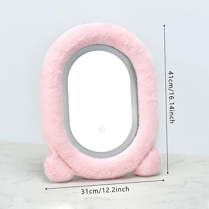 Lighted Makeup Mirror, 12”x16” Vanity Mirror with 3 Colors, Fur Wrapped Cosmetic Light Up Mirror Smart Touch Dimmable 3 Modes Light Tabletop Compact Mirror for Women Girlfriend Gift (Pink)