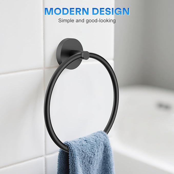 Hand Towel Holder Screw-in Matte Black Towel Ring for Bathroom Wall Stainless Steel Round Towel Hanger for Bathroom Hardware Accessories