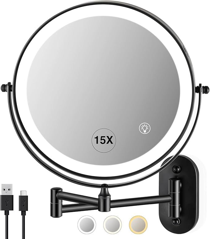 GREENFROM Magnifying Mirror with Lights 1x/15x Rechargeable: 8.5 inch Wall Mounted Lighted Makeup Mirror for Bathroom