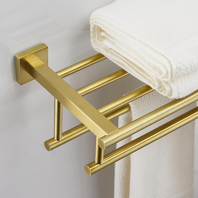 Bathroom Towel Rack 24 Inch Tower Holder with Double Towel Bar Brushed Gold Towel Rack Wall Mounted SUS304 Stainless Steel Hotel Towel Shelf Modern Towel Hanger