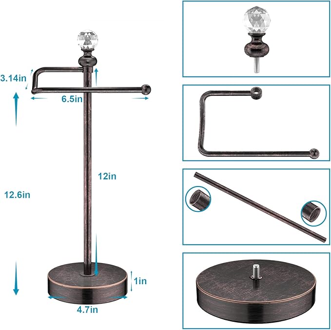 ROLABAM Heavy Weighted Hand Towel Holder(with Crystal Ball) Standing Hand Towel Holder Total Height 15.7'' for Kitchen,Bathroom,Vanity,Classic Decorative Metal Hand Towel Stand,Oil Rubbed Bronze