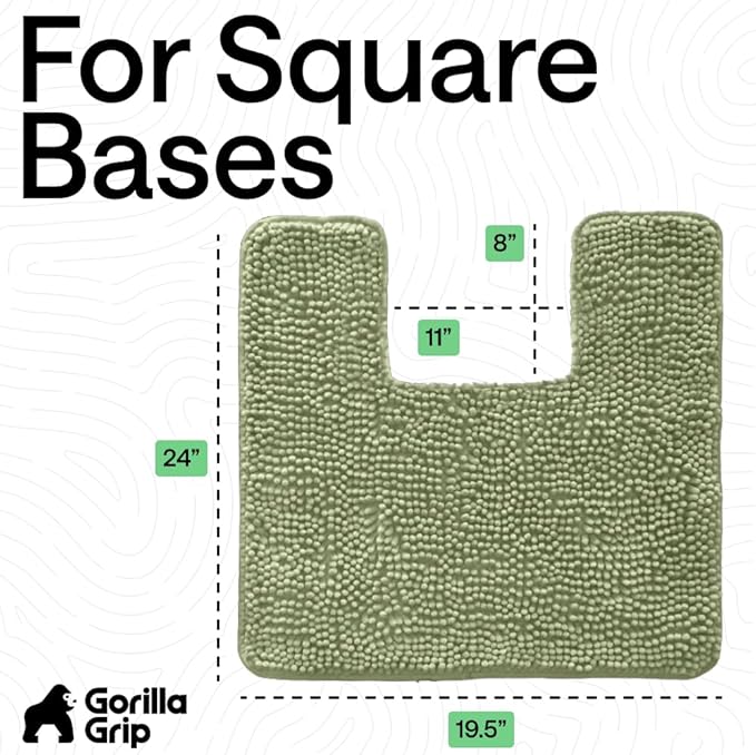 GORILLA GRIP Plush Absorbent Shaggy Chenille Bath Rug Mat for Square Toilet Base with Rubber Backing, Machine Washable Rugs, Soft Microfiber Contour Mats for Toilets, Bathroom Decor, Sage