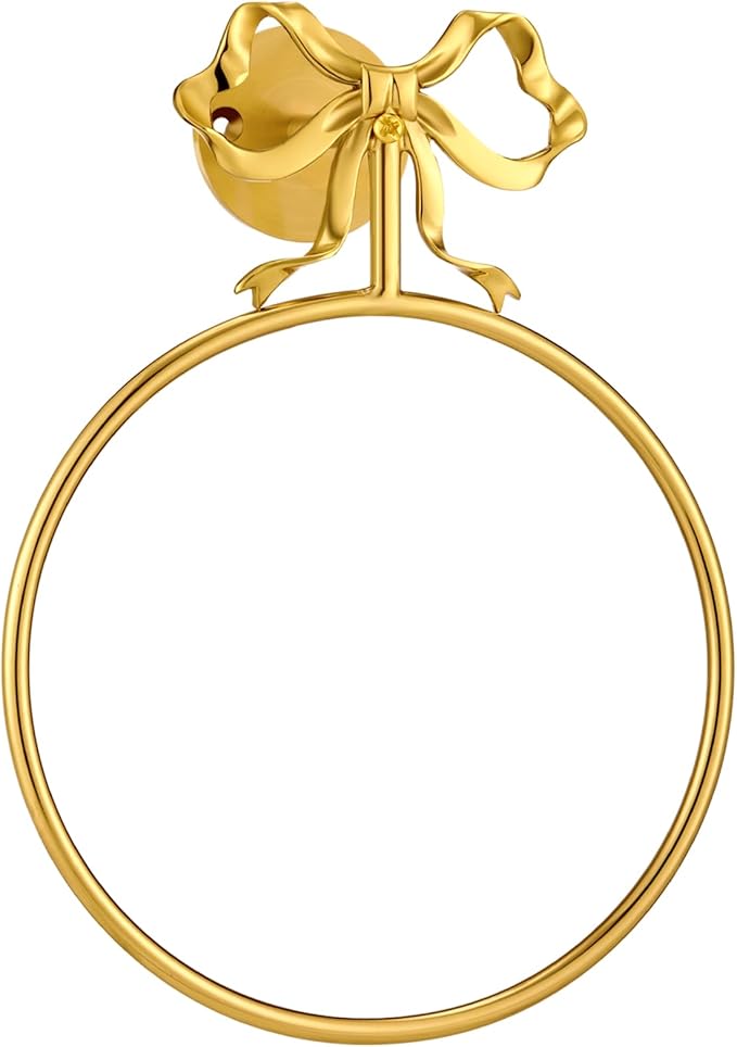 MorningRo Coquette Gold Bow Towel Holder Brass Gold Bow Hand Towel Ring Retro Bathroom Hardware Accessories Vintage Girly Wall Mount Hanger Ring for Room Bathroom Kitchen Decor