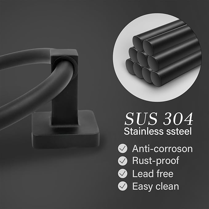 Towel Holder for Bathroom Wall Matte Black Towel Ring Hand Towel Holder Stainless Steel Heavy Duty Towel Hanger for Bath, Kitchen (Black)