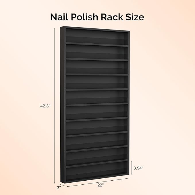 OmySalon Nail Polish Organizer Wall Mount - Holds 200 Bottles with Acrylic Barrier, Salon Display Rack for Home Spa & Nail Studio - Assembly Required, Wooden Polish Storage (Black, 10-Tier)
