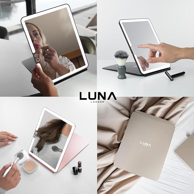LUNA London Eclipse LED Lighted Travel Vanity Makeup Mirror | 3 Colour Light, Compact, Portable, Lighted, Rechargeable, Illuminated Mirror | Perfect for Travel, Makeup & Beauty Needs | Rose Gold