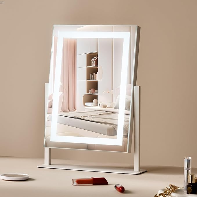 VEVOR Lighted Makeup Mirror, Three Color Lighting Modes Hollywood Vanity Mirror, Makeup LED Mirror with Lights, and 5X Magnification Mirror, Smart Touch Control, 360°Rotation (16.1x11.8 in, White)