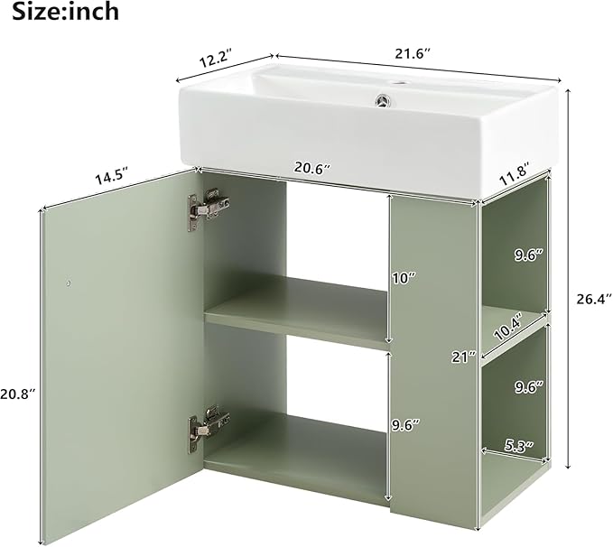 Virubi 21.6 in Floating Bathroom Vanity with Sink,Soft Closing Doors,Solid Wood Frame & MDF Modern Single Small Green Bathroom Vanity Cabinet with Open Shelf,Wall Mounted