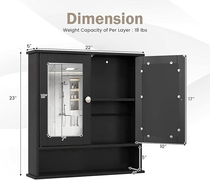 COSTWAY Bathroom Cabinet Wall Mount, Wooden Medicine Cabinet with 2 Mirror Doors, Adjustable Shelf, Open Compartment, for Laundry, Living Room, Kitchen, Black
