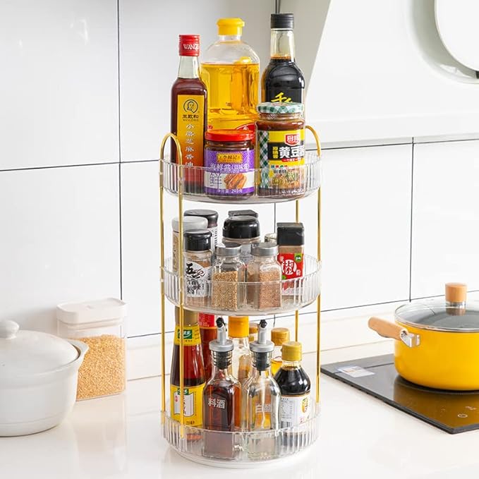 Makeup Organizer for Vanity, 360?? Rotating Bathroom Organizer Countertop, High-Capacity Skincare Organizer, Spinning Cosmetics Organizer for Dresser Countertop (3 Tiers, Clear)