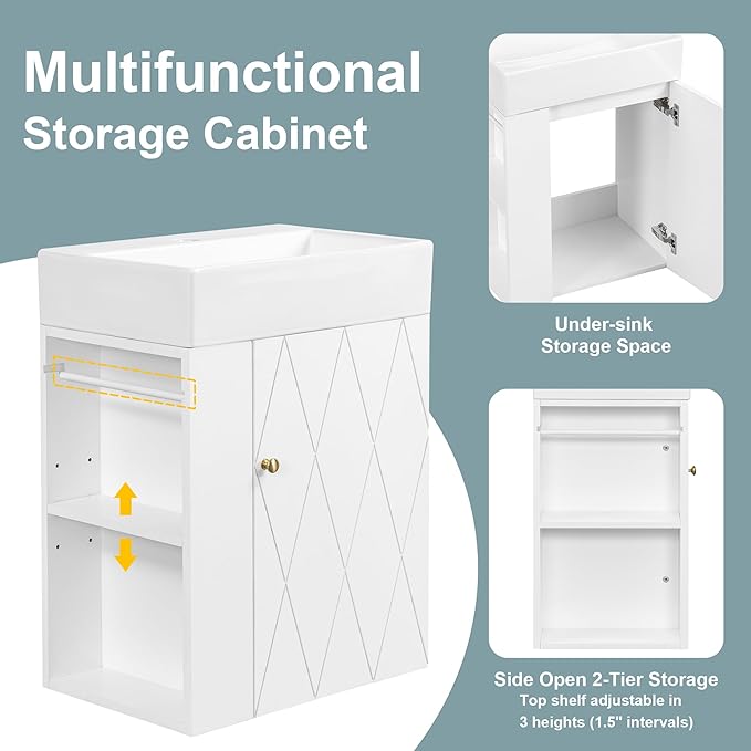 Virubi 20" Floating Bathroom Vanity with Sink, Soft Closing Door,and Storage Shelves, Solid Wood Frame & MDF Modern Single Small Bathroom Vanity Cabinet with Open Shelf,Wall Mounted (White)