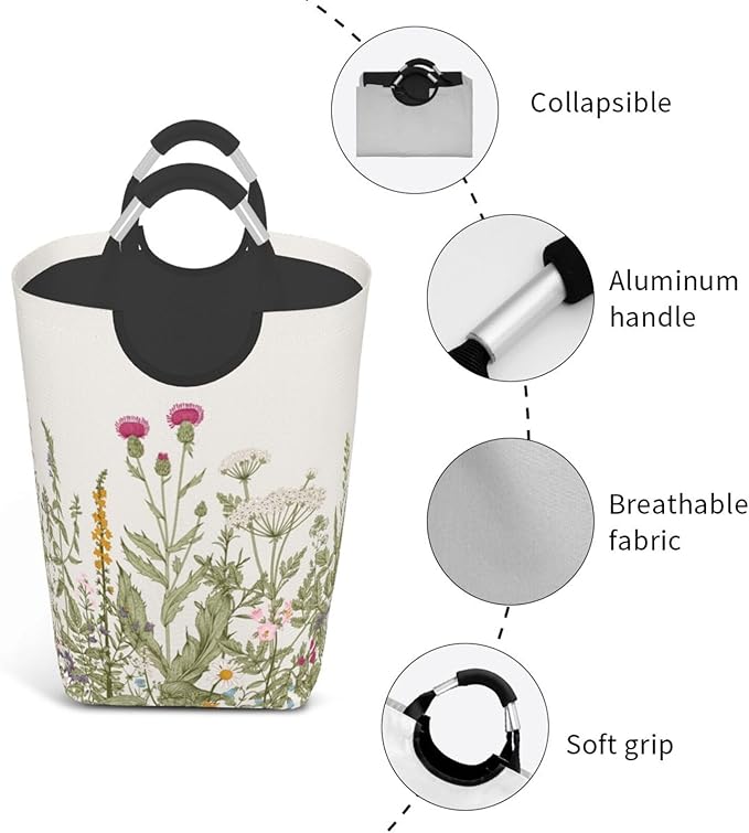 Vintage Floral Plants Laundry Basket Wild Flowers Herbs Foldable Collapsible Laundry Hamper with Handles Clothes Storage Bin 50L