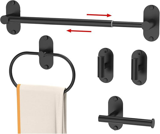 5-Piece Bathroom Hardware Accessories Set, Self-Adhesive & Wall Mounted SUS304 Stainless Steel Towel Bar Set, Adjustable Towel Bar, Towel Ring, Toilet Paper Holder & 2 Hooks(Matte Black)
