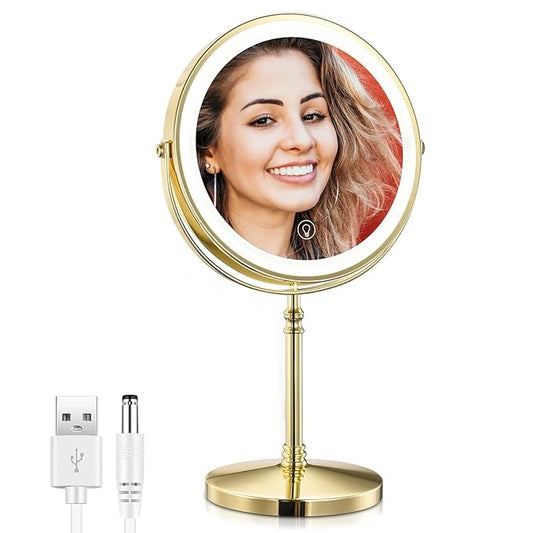 Rechargeable 8'' Lighted Makeup Mirror, 1X 10X Magnifying Vanity Mirror with 3 Color LED Lights, Touch Sensor Adjust Brightness Double-Sided Cosmetic Mirror, Gold Finish