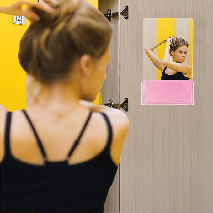 Magnetic Locker Mirror with Fully Magnetic Back, 9.45" x 5.51" Small Real Glass Super Clear Reflection Mirror with Storage Pocket for School Locker Refrigerator Office Cabinet -Pink, 1 Pc