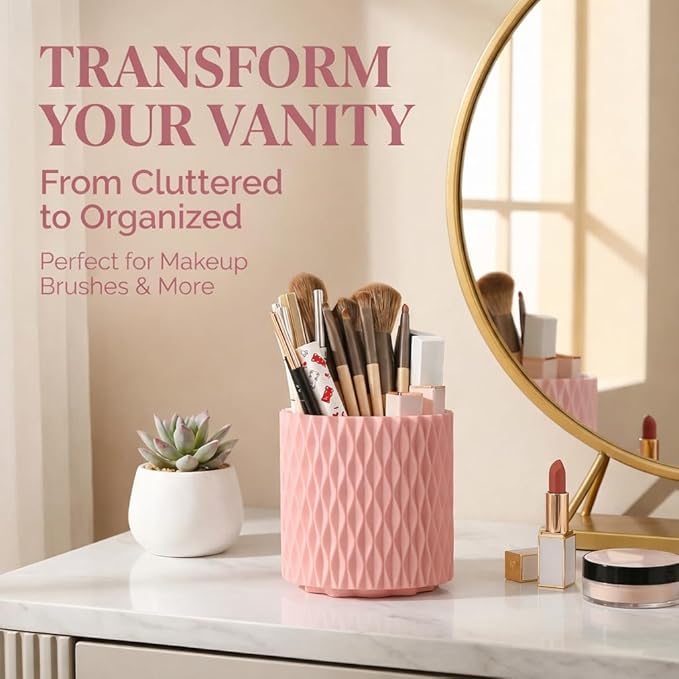 Makeup Brush Holder Organizer, 360?? Rotating 5-Slot Make up Brushes Cup for Cosmetic, Lipstick, Hair Brush Holder - Spinning Vanity Countertop Caddy for Bathroom, Dorm & Office, Pink
