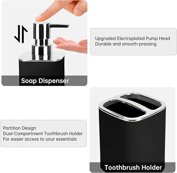 Black Bathroom Accessories 2 Pieces, Soap Dispenser and Toothbrush Holder Set for Boho Bathroom