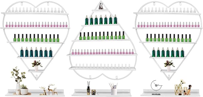 Nail Polish Display Racks 6pcs Metal Solid Color 5 Tiers Nail Polish Shelf Elegant Wall-Mounted Heart-Shaped Perfume Wall Shelf for Lipstick Perfume Nail Polish Essential (White)