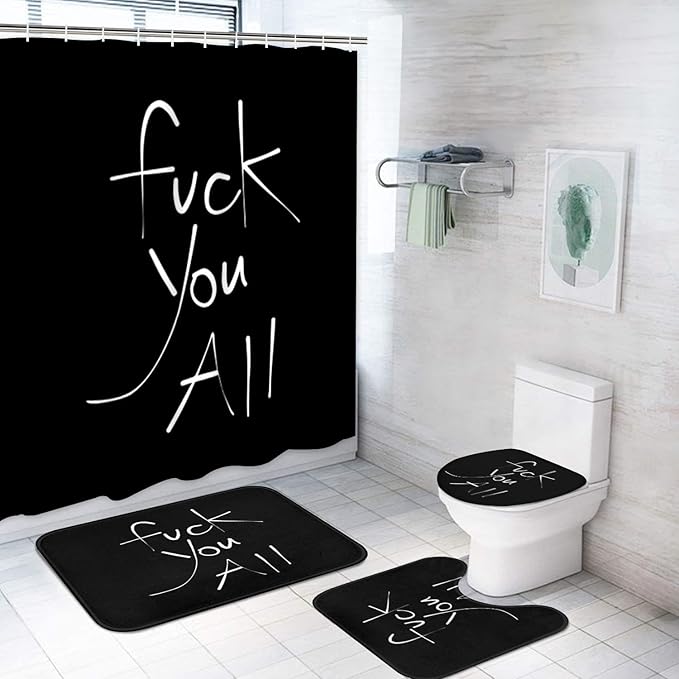 ArtSocket 4PC Shower Curtain Set with Rugs, Fuck You All Bathroom Set with Non-Slip Rug, Toilet Lid Cover, Bath Mat and 12 Hooks 72x72 inches