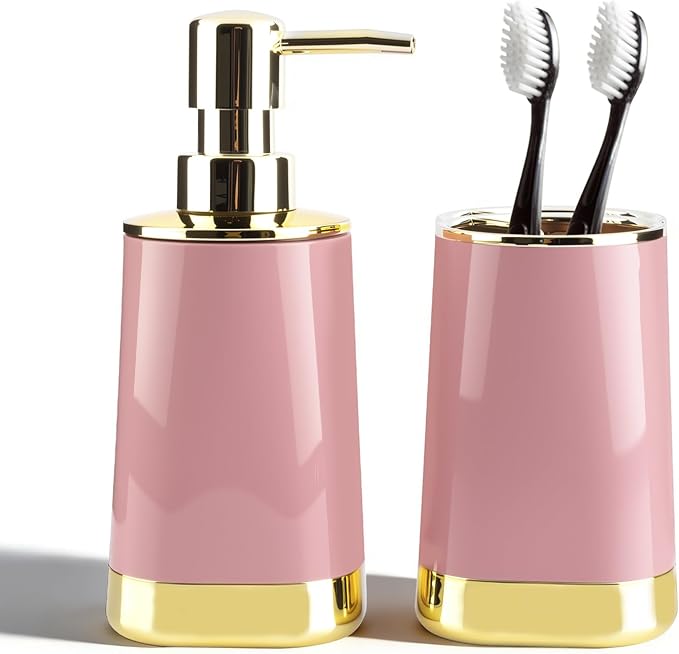 Bathroom Accessories Set, 2Piece Pink and Gold Bathroom Accessories Include Soap Dispenser and Toothbrush Holder for Modern Bathroom Decor