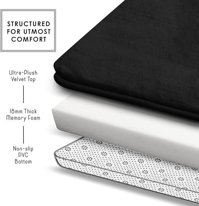 Clara Clark Bathroom Rugs, Velvet Memory Foam Bath Mat, Non-Slip, Machine Washable Bath Rugs - Dries Quickly, Ultra Soft Plush Bath Mats for Bathroom, 20 x 24, Black