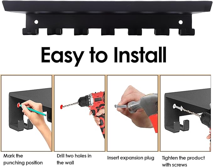 Pssopp Carbon Steel Floating Shelf Organizer, Wall Mounted 7 Hooks Design Equipment Storage Rack for Kitchen Bathroom Bedroom Office