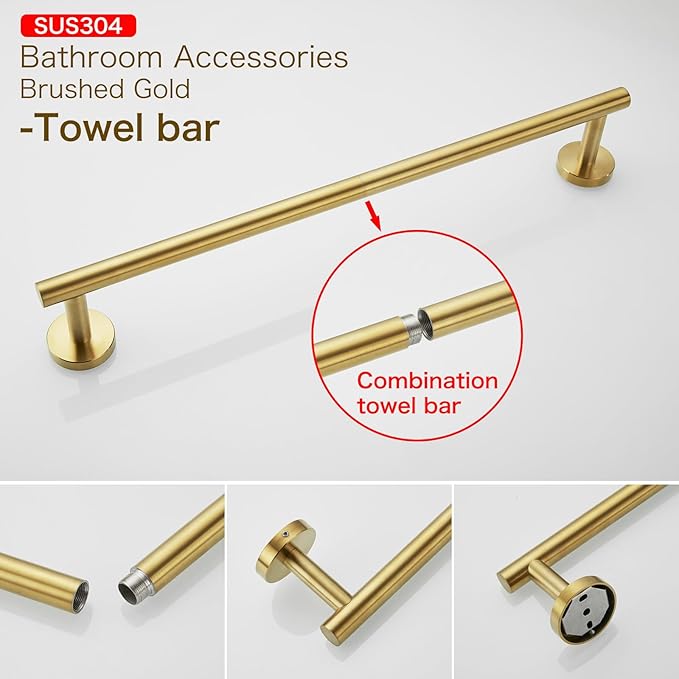 Bathroom Hardware Accessories Set Adjustable Brushed Gold Towel Bar Set 18in Stainless Steel Wall-Mounted Round 4-Piece Bath Towel Bar Set