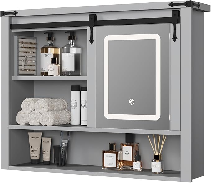 QUW 31" Farmhouse Bathroom Wall Cabinet, Bathroom Medicine Cabinets with Mirror, Over Toilet Wall Storage Cabinet, 3 Lighting Modes, Adjustable Brightness, Jewelry Holder, Sliding Door, Grey