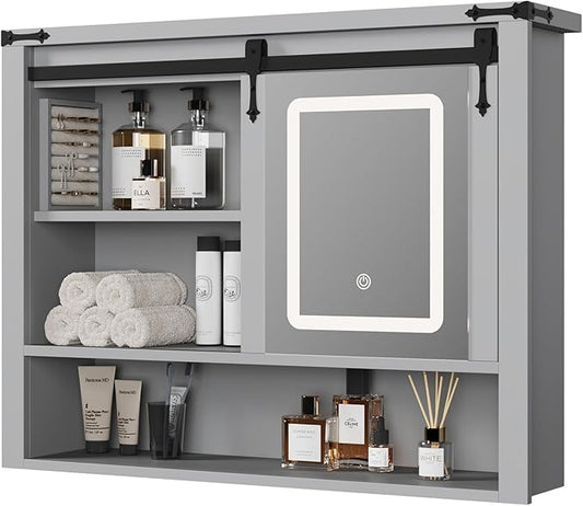 QUW 31" Farmhouse Bathroom Wall Cabinet, Bathroom Medicine Cabinets with Mirror, Over Toilet Wall Storage Cabinet, 3 Lighting Modes, Adjustable Brightness, Jewelry Holder, Sliding Door, Grey