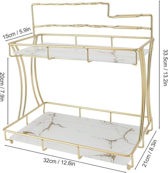 Double Layer Countertop Storage Rack, Bathroom Countertop Organizer with Electric Toothbrush Holder, Iron and Glass Counter Shelf for Toiletries and Cosmetics (White Background Gold Grain)