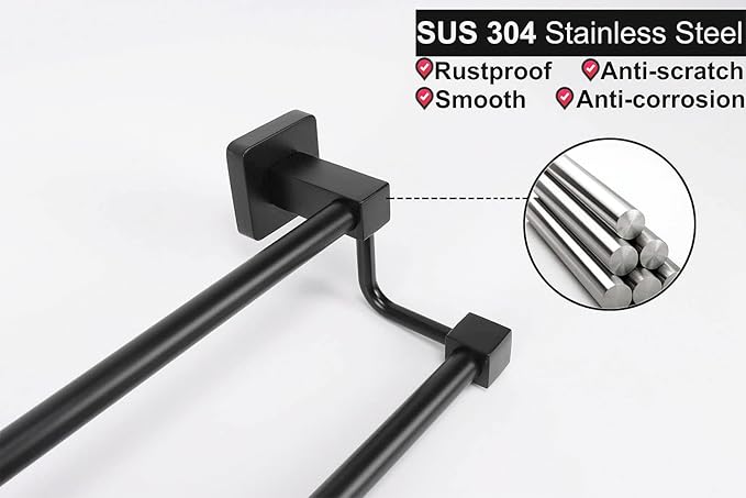 TocTen Double Bath Towel Bar - Thicken SUS304 Stainless Steel Towel Rack for Bathroom, Bathroom Accessories Double Towel Rod Heavy Duty Wall Mounted Square Towel Holder (Matte Black,16 INCH)