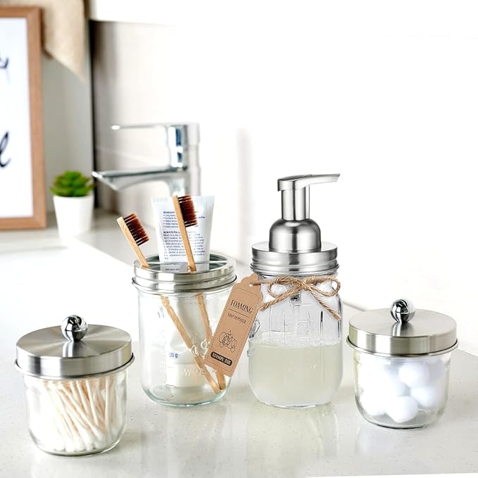 Amolliar Mason Jar Bathroom Accessories Set(4 Pack) - Foaming Soap Dispenser&Qtip Holder &Toothbrush Holder-Rustic Farmhouse Decor Bathroom Organizer Apothecary Jar Country Countertop (Brushed Nickel)