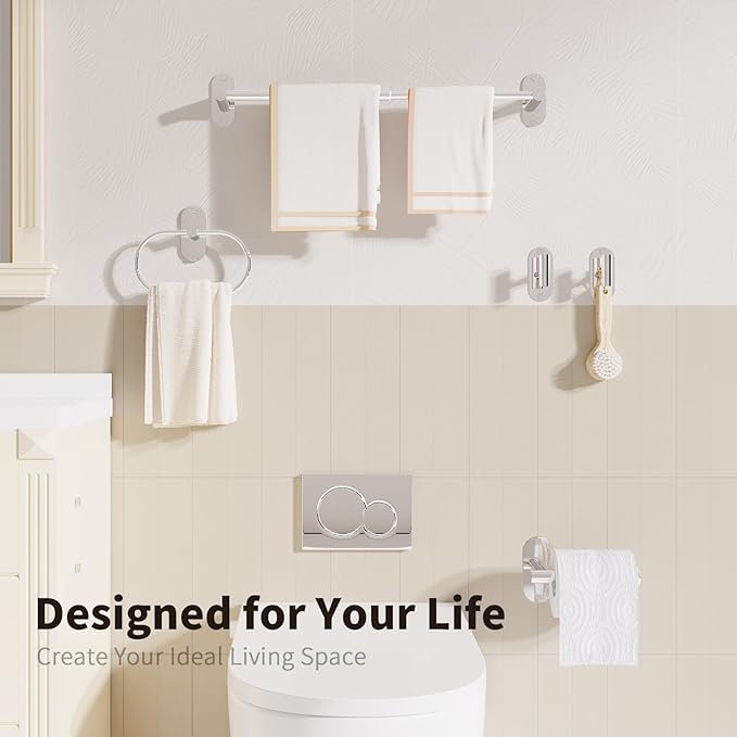 5-Piece Bathroom Hardware Accessories Set, Self-Adhesive & Wall Mounted SUS304 Stainless Steel Towel Bar Set, Adjustable Towel Bar, Towel Ring, Toilet Paper Holder & 2 Hooks(Chrome)