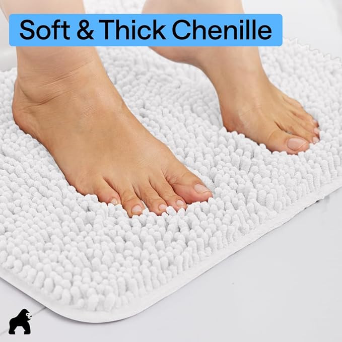 GORILLA GRIP Bath Rug Mat 70x24, Thick Soft Absorbent Chenille, Quick Dry Microfiber Mats, Rubber Backing Washable Shower Floor Rugs, Bathmat Runner, US Designed Bathroom Home Decor Accessories White