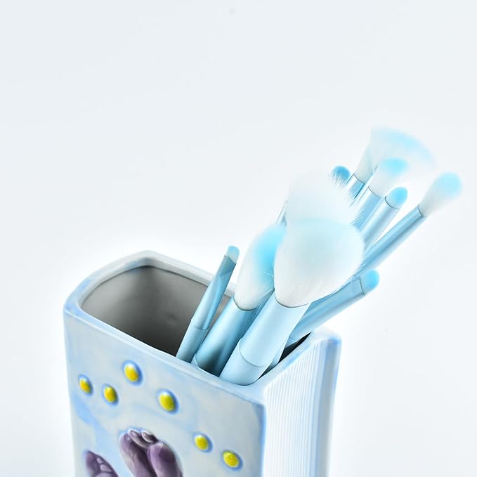 Ceramic Book Shaped Tulip Pattern Cosmetic Storage Box, Desktop Organizers Make Up Brush Storage Stand Desktop Storage Box for Brush,Pencil,Art Supplies, Painting Brush (Light Purple)