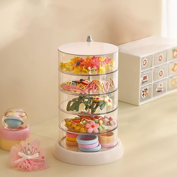 3/4/5-Layer Rotating Hair Accessories Organizer for Girls & Women - Clear Acrylic Jewelry Holder for Hair Bows, Clips, Ties, Headbands - Small Kids Hair Product Storage Box (5.6*8.7*4.6in)