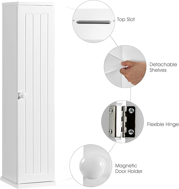 Free Standing Tissue Cabinet, Toilet Paper Holder w/ 3 Detachable Shelves, Hinged Door, Top Slot, 4-Tier Large Capacity & Compact Size, Suitable for Bedroom, Living Room, Bathroom, White